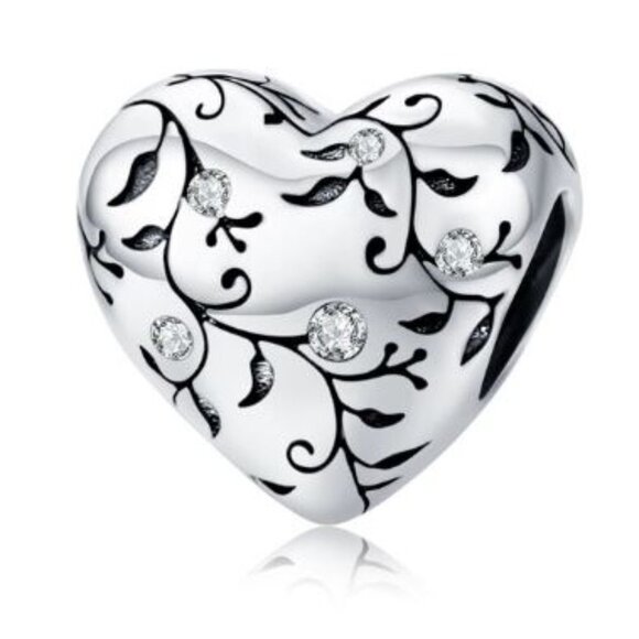 Sterling Silver Heart & Vine Cubic Zirconia Charm - Picture 1 of 2